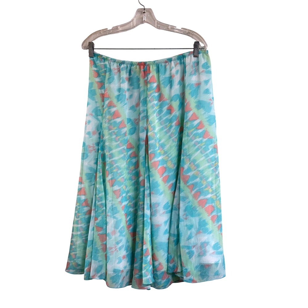Ruby Rd Petite Turquoise Coral Abstract Ikat Print Midi Skirt PM Elastic Waist